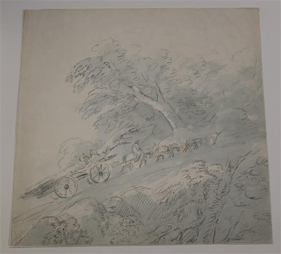 Attributed to Thomas Sunderland (1744-1823) Figures in a landscape & timber cart on a hill, 6.25 x 8.25in & 13.25 x 12.75in. unframed.